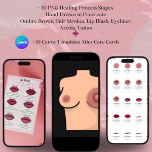 Tarjetas de cuidados posteriores con las etapas de curación: cejas ombré, rubor de labios, delineador de ojos y areola - Plantillas Canva dibujadas a mano PNG