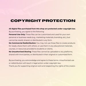 May include: Image with the text "COPYRIGHT PROTECTION" at the top. The text below details the terms of use for digital files purchased from the shop, including personal use only, no commercial redistribution, and no unauthorized sharing. The background has a gradient of pink and yellow.