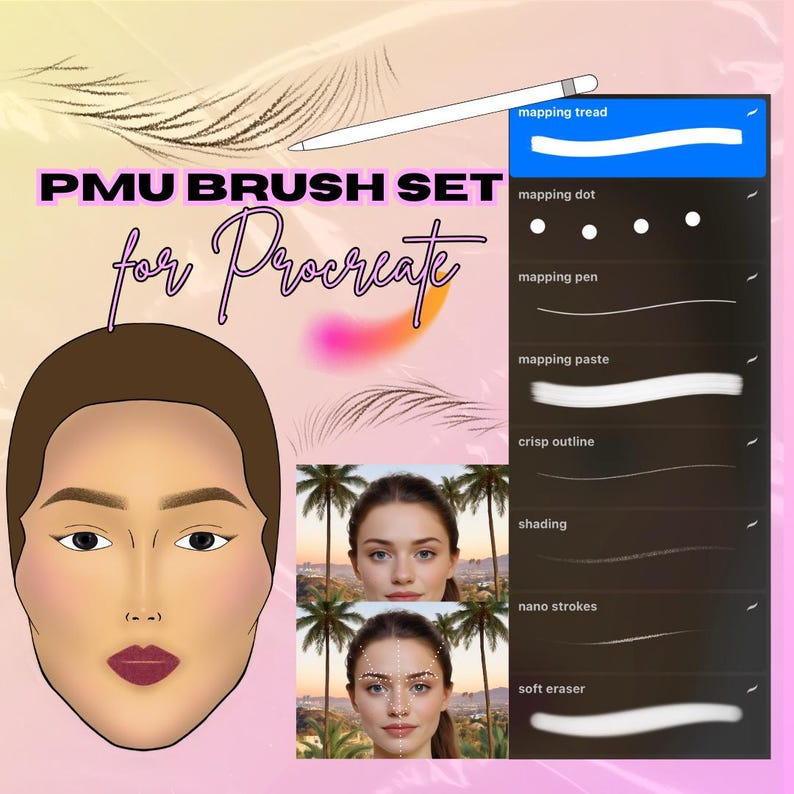 May include: A digital illustration of a woman's face with a pink background. The image shows a set of digital brushes for Procreate, a drawing app, with names like "mapping tread", "mapping dot", "mapping pen", "mapping paste", "crisp outline", "shading", "nano strokes", and "soft eraser".