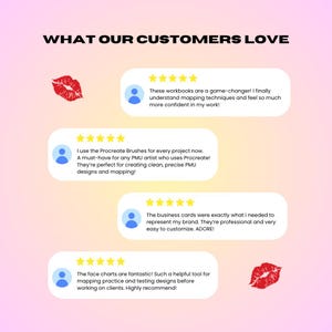 May include: Image featuring customer testimonials with star ratings. Text reads "WHAT OUR CUSTOMERS LOVE". Testimonials discuss workbooks, Procreate brushes, business cards, and face charts, all within speech bubbles.