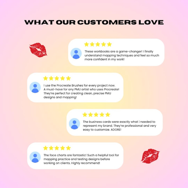 May include: Image featuring customer testimonials with star ratings. Text reads "WHAT OUR CUSTOMERS LOVE". Testimonials discuss workbooks, Procreate brushes, business cards, and face charts, all within speech bubbles.