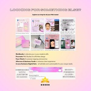 May include: A pink and white graphic design advertises digital products for permanent makeup artists. The ad features a variety of digital products, including workbooks, procreate brushes, face charts, aftercare cards, and business cards. The ad also includes the text "Designed with Artists in Mind" and "Shop Personalize Succeed".