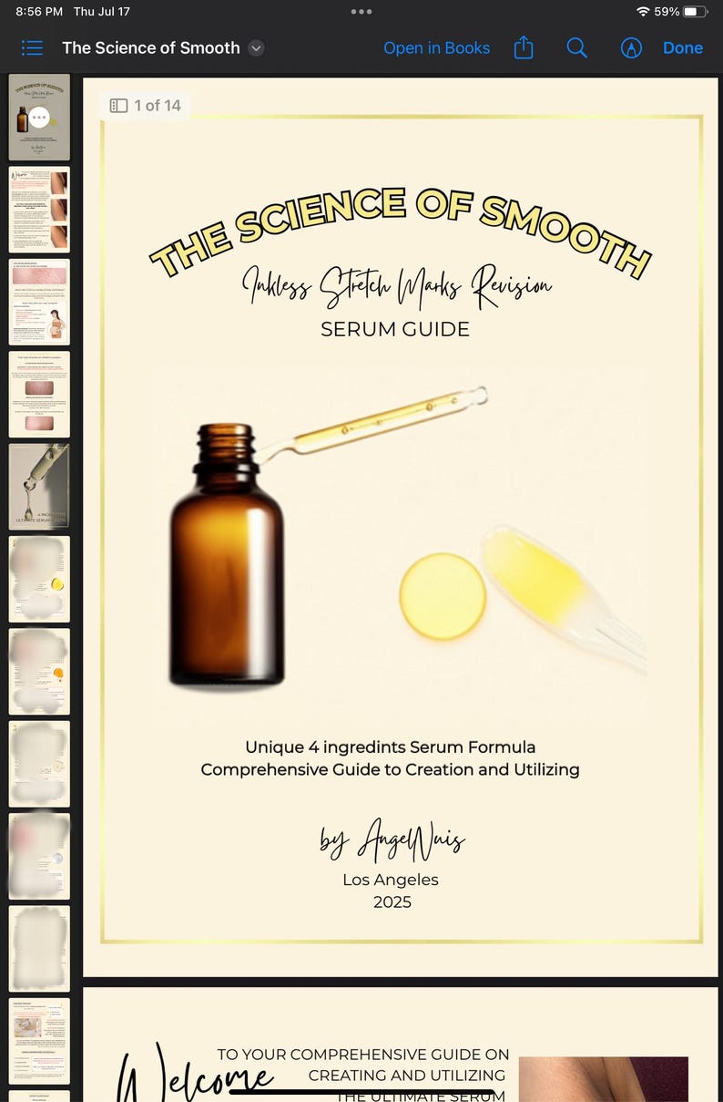 May include: A book cover titled "The Science of Smooth" with the subtitle "Inkless Stretch Marks Revision Serum Guide." It features a brown serum bottle, a dropper, and a yellow serum circle. The author is Angel Wais, Los Angeles, 2025.
