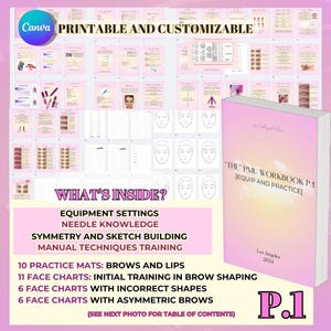 PMU Training Workbook for Beginners Permanent Makeup Guide Needle Knowledge Face Charts Practice Mats Brow Mapping Lip Techniques Canva edit
