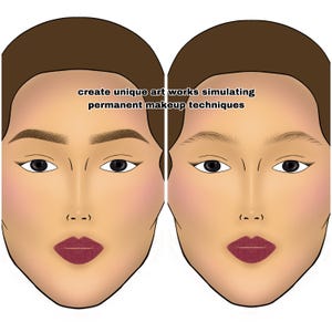May include: Two illustrations of a woman's face, side-by-side, showing different eyebrow shapes. The text "create unique art works simulating permanent makeup techniques" is above the images.