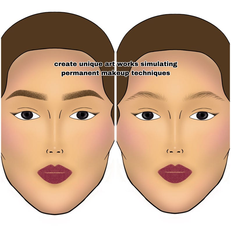 May include: Two illustrations of a woman's face, side-by-side, showing different eyebrow shapes. The text "create unique art works simulating permanent makeup techniques" is above the images.