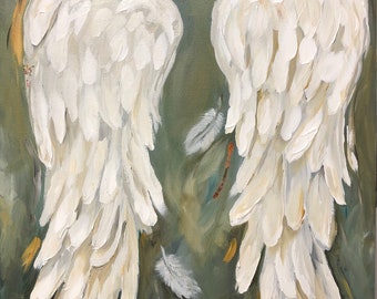 Angel Wings Painting  on canvas  Sage Green background