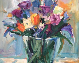 Modern floral Painting in an Abstracted style.  Floral Art painting of Flower Bouquet with pussywillows