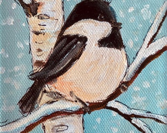 Chickadee Art Painting a tiny chickadee painting on 4x4 inch canvas in a birch tree hand painted by Canadian Artist