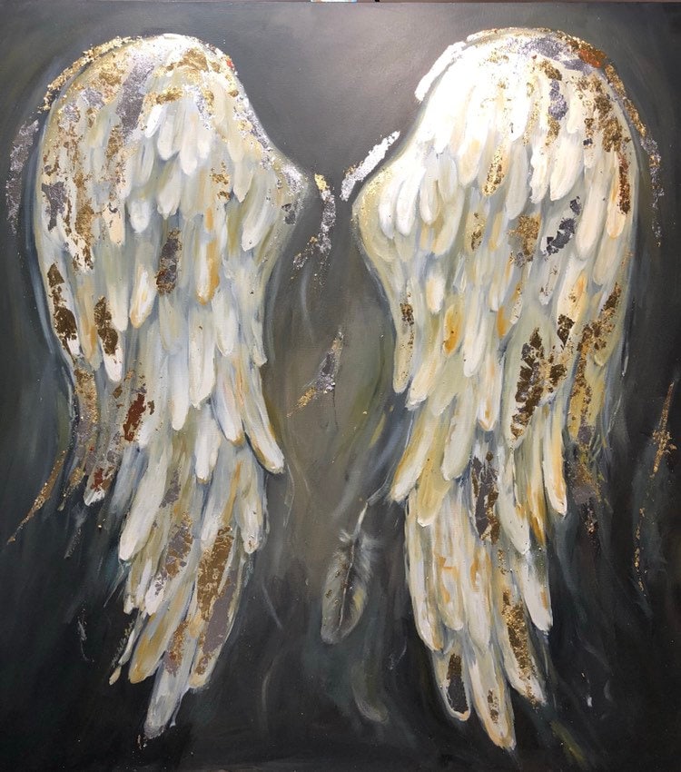 Gold Leaf Painting, Angel Wings Painting,Set of 2 golden paintings