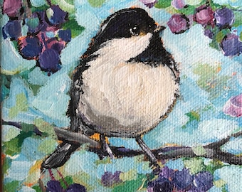 Tiny Chickadee  Painting  Tiny painting Custom Order your tiny Chickadee Painting  4x4 inches acrylic