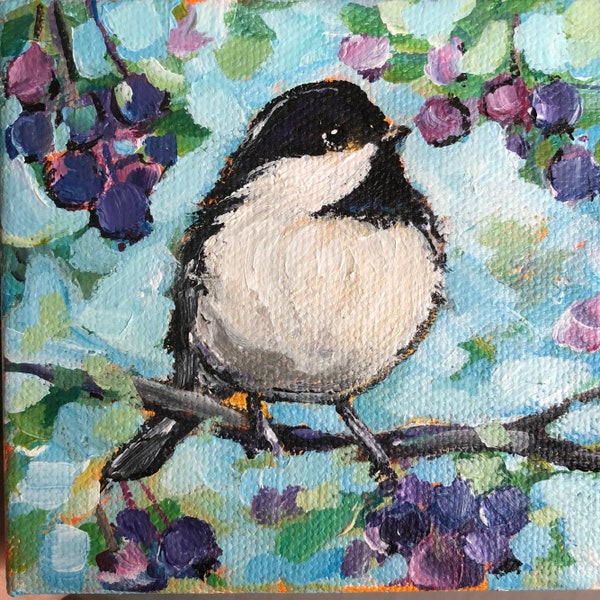 Tiny Chickadee  Painting  Tiny painting Custom Order your tiny Chickadee Painting  4x4 inches acrylic