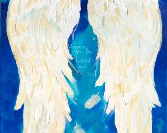 Angel Wings canvas Print of my Original Angelwings Painting Blue Wings featuring a quote    You are Loved and Blessed