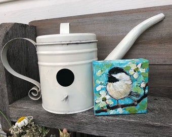 Tiny painting  Chickadee  custom order your tiny Chickadee painting 4x4 inches 10x10 cm original hand painted acrylic art Tiny Bird Nature