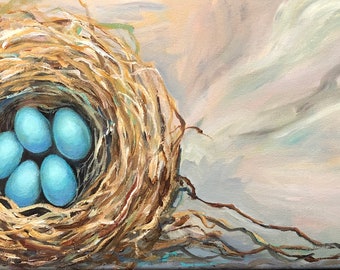 Five blue eggs in a nest acrylic painting on canvas. Handpainted by me, it measures 8x16 inches.