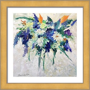 Floral Art Print, Purple, Blue and white, Modern Flower Print, large flower Art, Floral artwork, Art gift. image 1