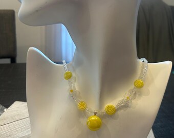 Yellow Swirl Daisy Glass Pendant Necklace, Silver Plated Clasp