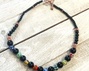 Multi Color Polka Dot Glass Beads Necklace, Black Onyx, Copper Toggle Clasp