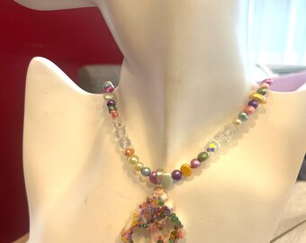 Shell Slice Necklace, with Freshwater Pearls,  seed beads, & Faceted Glass Beads