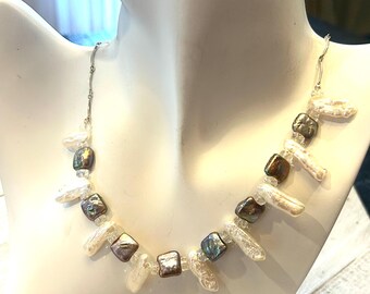 Silver Bar Chain Necklace, Freshwater Stick Pearls, Square Pearls, Czech Glass Rondels