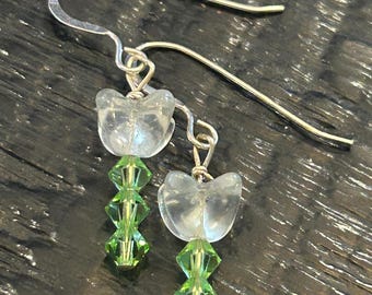 Frosty clear flower Czech Glass Drop Earrings, green Swarovski Crystals stems. Silver wire.