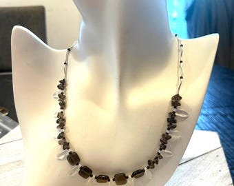 Smoky Quartz Statement Necklace | Handmade Adjustable Gemstone Necklace | Czech Glass Fringe | Silver Tube Beads | Earth Tone Jewelry | Boho