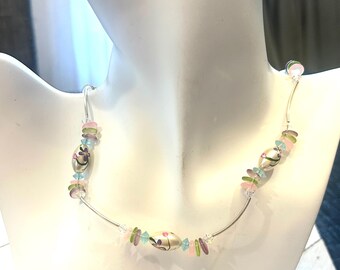 Handpainted Floral Beads, Silver Tubes and Swarovski Crystal Necklace, Silver Lobster Clasp