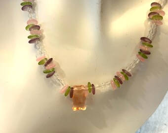 Glass Gummy Bear Necklace with Czech Beads, Silver Plated Clasp