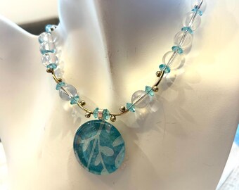 Handmade Blue Pendant Necklace, Silver Ball Bars, Glass Beads, Adjustable Chain