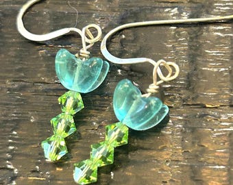 Carolina Blue flower Czech Glass Drop Earrings, green Swarovski Crystals stems. Silver wire earrings