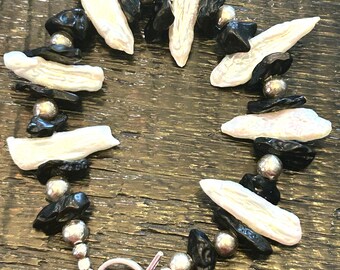 Stick pearls, tektite, silver beads, & silver toggle clasp, bracelet