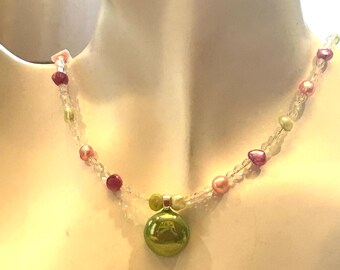 Bright Green Glass Pendant Necklace, Freshwater Pearls, Czech Glass Beads, Silver Plated Clasp