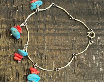Stabilzed Turquoise & Red Coral Chips Beaded Bracelet with Silver Bar Chain