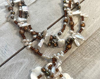 Large Shell Flower Necklace, Freshwater Pearls, Brown Beads, Three Strands