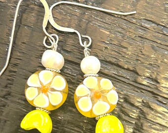 Silver Wire Drop  Earrings, Czech Glass Yellow  Flowers, Freshwater Potato Pearls, & Bali Silver