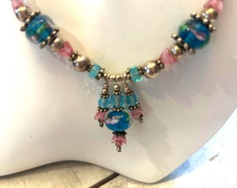 Handcrafted Lampwork Glass Necklace, Aqua Faceted Beads, Pink Flowers, Bali Silver Accents