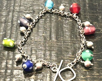 Glass Polka Dot Charm Bracelet with Sterling Silver Chain & Toggle Clasp