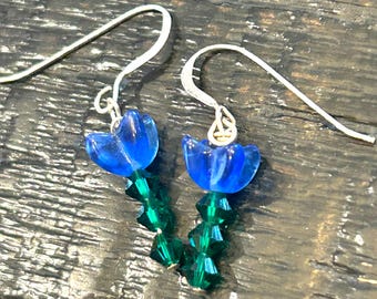 Dark Blue Czech Glass Flower Earrings, Green Swarovski Crystal Stems, Silver Wire