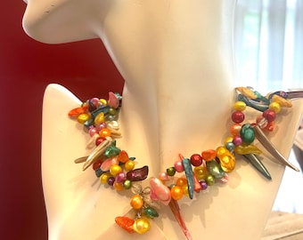 Large Focal Shell Necklace, with 3 strands of Freshwater Pearls & Glass Beads