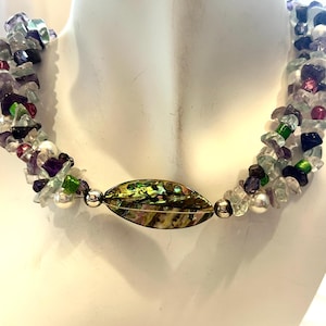 Amethyst and Quartz Chips and Glass Pearl Necklace with Czech Glass and Abalone Shell Focal with Sterling Silver Beads and Toggle Clasp