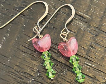 Pink & white flower Czech Glass Drop Earrings, green Swarovski Crystals stems. Silver wire.