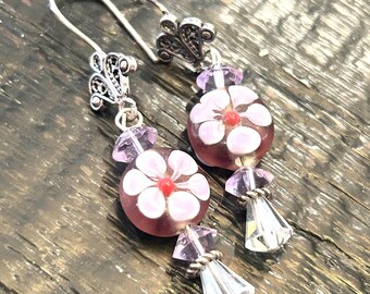 Silver Fleur De Lis Earrings, Czech Glass Flowers, Swarovski Crystals, Bali Silver