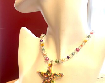 Starfish Necklace, with Freshwater Pearls,  seed beads, & Faceted Glass Beads