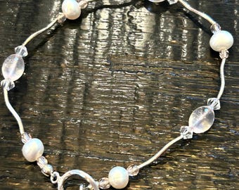 Silver Zig Zag Tubes Freshwater Pearl Bracelet, Rose Quartz, Swarovski Crystals, Toggle Clasp