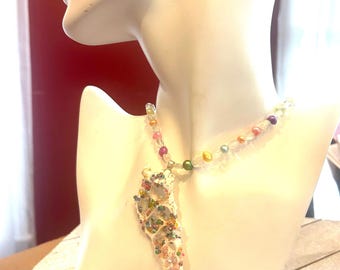 Sliced Shell Necklace, with Freshwater Pearls,  seed beads, & Faceted Glass Beads