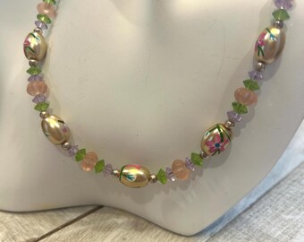 Handmade Floral Butterfly Necklace | Hand-Painted Beads | Pink Frosted Glass & Crystal Accent Necklace | Adjustable Silver Chain