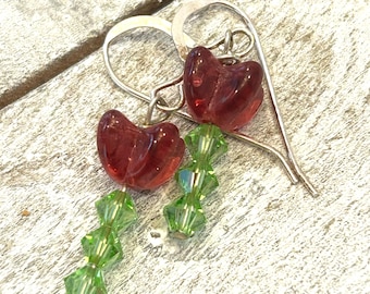 Dark Purple Czech Glass Tulip Earrings, Green Swarovski Crystal Stems, Silver Wire