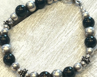 Black Jet & Silver Beaded Bracelet with Silver Toggle Clasp
