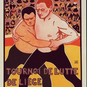 Puede incluir: Cartel vintage que anuncia un torneo de lucha libre en Lieja, Bélgica. Dos luchadores están en un agarre, con una multitud en el fondo. El cartel presenta texto en francés y está en tonos de naranja, amarillo y negro.