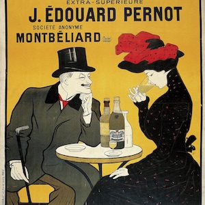 Puede incluir: Un anuncio vintage de J. Édouard Pernot Absenta, con un hombre y una mujer sentados a una mesa con botellas de absenta. El texto dice "Absinthe Extra-Supérieure J. Édouard Pernot Société Anonyme Montbéliard (Doubs) La Société est seule concessionnaire "LIQUEUR MONT-CHRIST" de la Grande Marque."